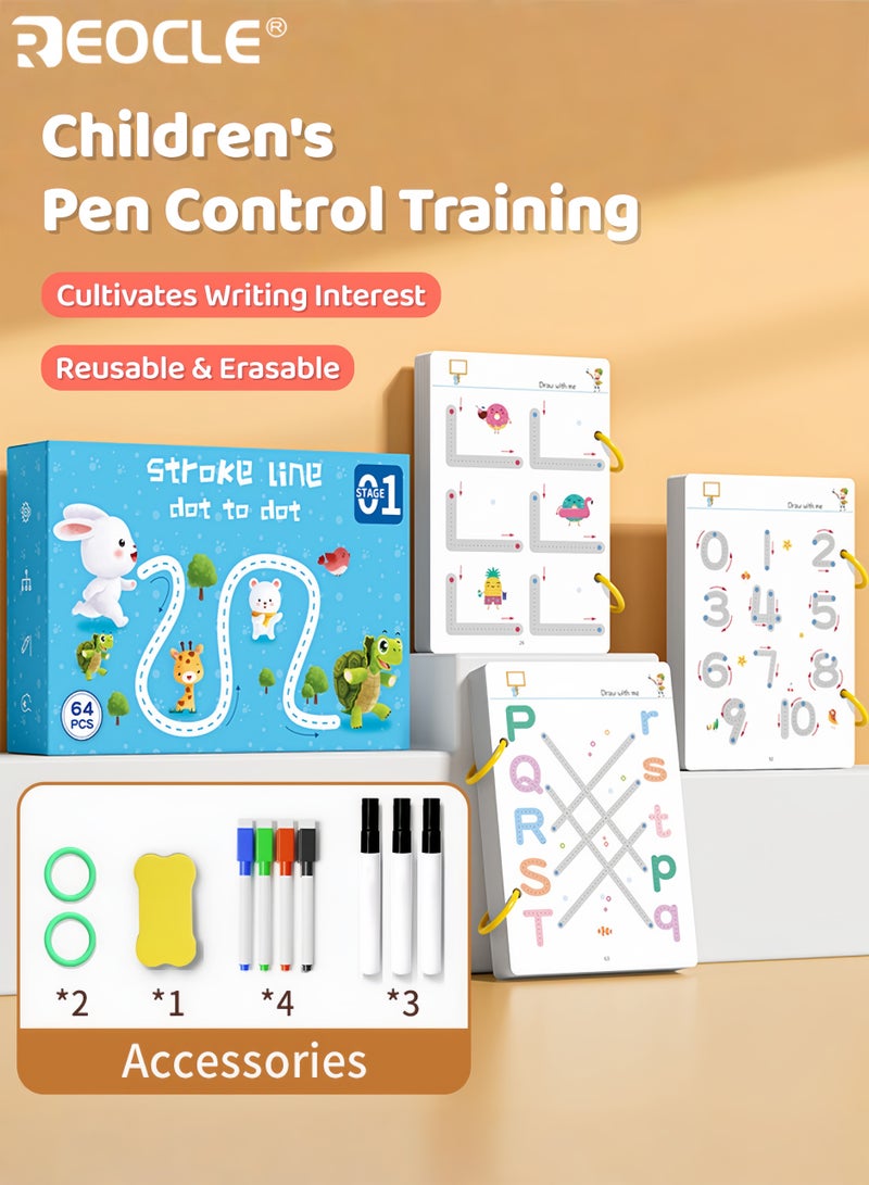 REOCLE Kid's Writing Practice Set with 64 Pages and 7 Erasable Pens Digital Pen Control Workbook with Refillable Design for Kids Writing Skill Improvement - Image 1