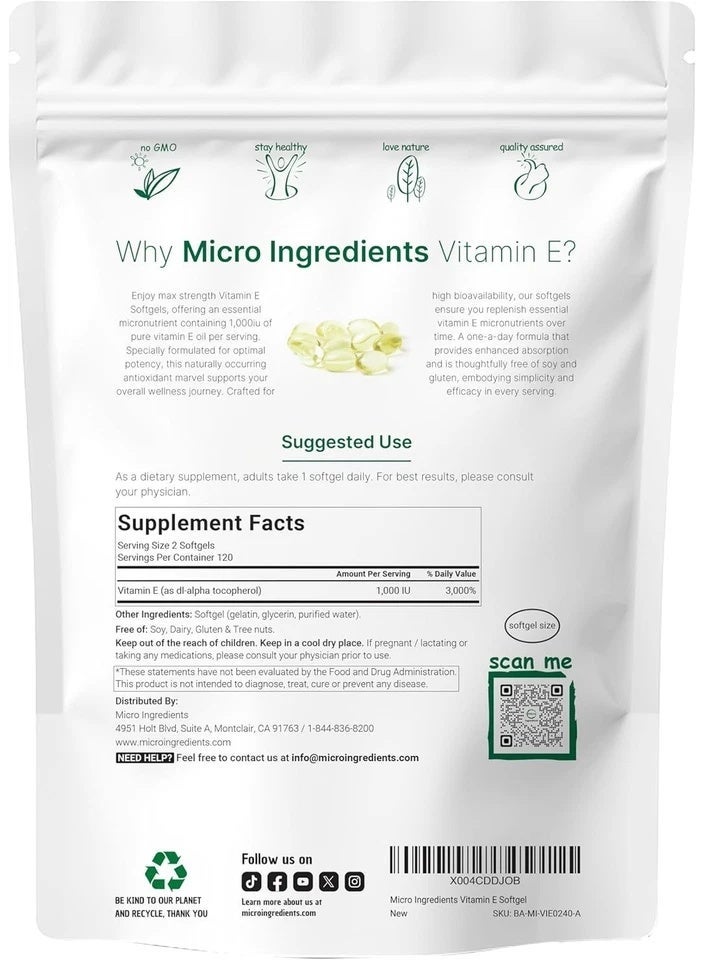 Micro Ingredients Vitamin E 1000 IU Softgels, 240 Count - Support Healthy Skin & Longevity Packaging May Vary - Image 2