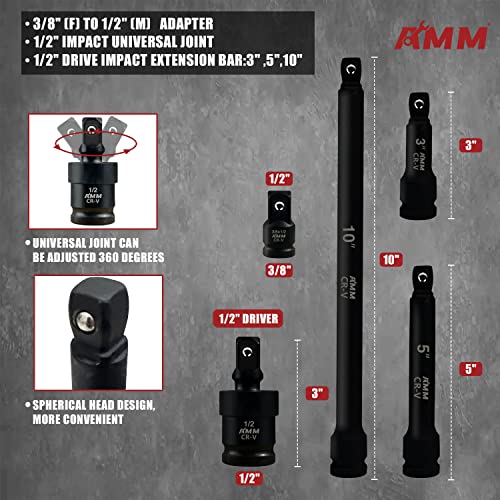 AMM 1/2-inch 66 Pieces Impact Socket Master Set, SAE & Metric from 5/16"-1-1/4",8-24mm, Shallow/Deep Socket Set with Ratched Hand, Extension Bar and Adapters，Cr-V steel - Image 4