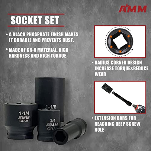 AMM 1/2-inch 66 Pieces Impact Socket Master Set, SAE & Metric from 5/16"-1-1/4",8-24mm, Shallow/Deep Socket Set with Ratched Hand, Extension Bar and Adapters，Cr-V steel - Image 5