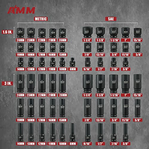 AMM 1/2-inch 66 Pieces Impact Socket Master Set, SAE & Metric from 5/16"-1-1/4",8-24mm, Shallow/Deep Socket Set with Ratched Hand, Extension Bar and Adapters，Cr-V steel - Image 2