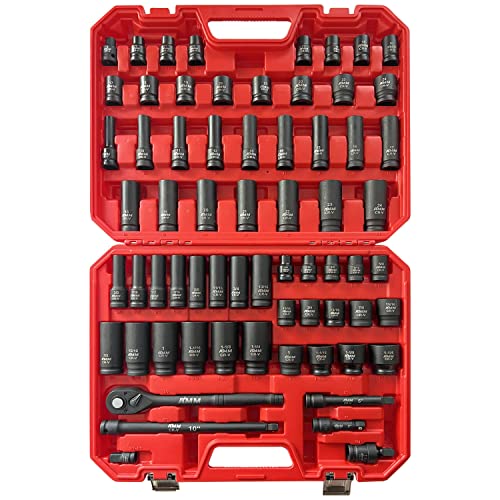 AMM 1/2-inch 66 Pieces Impact Socket Master Set, SAE & Metric from 5/16"-1-1/4",8-24mm, Shallow/Deep Socket Set with Ratched Hand, Extension Bar and Adapters，Cr-V steel - Image 1