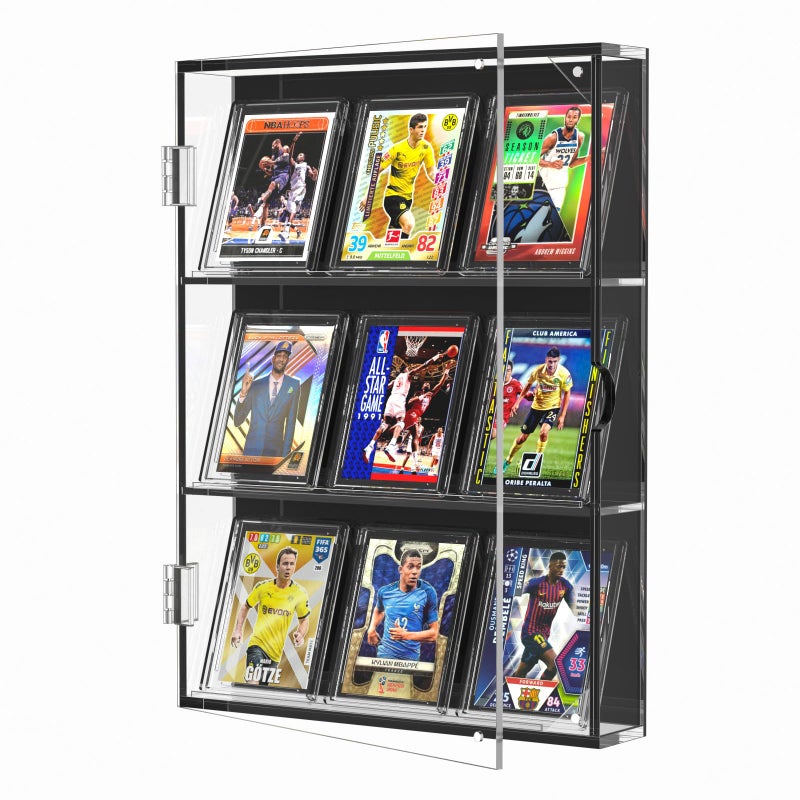 FEMELI FEMELI Acrylic Baseball Card Display CaseWall Mount Sports Cards Frame with UV Protection Magnetic Door Clear ViewTrading Box Pull Out for Football Basketball Hockey Pokemon Blackclear 01