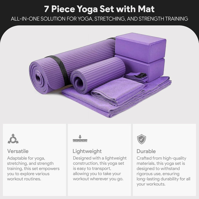 BalanceFrom 7-Piece Yoga Set with 71x24x0.5 Inches Extra Thick Mat and Carrying Sling – Includes 2 Blocks, Stretch Strap, 2 Towels, and Knee Pad for Home, Studio, and Gym Workouts - Image 2