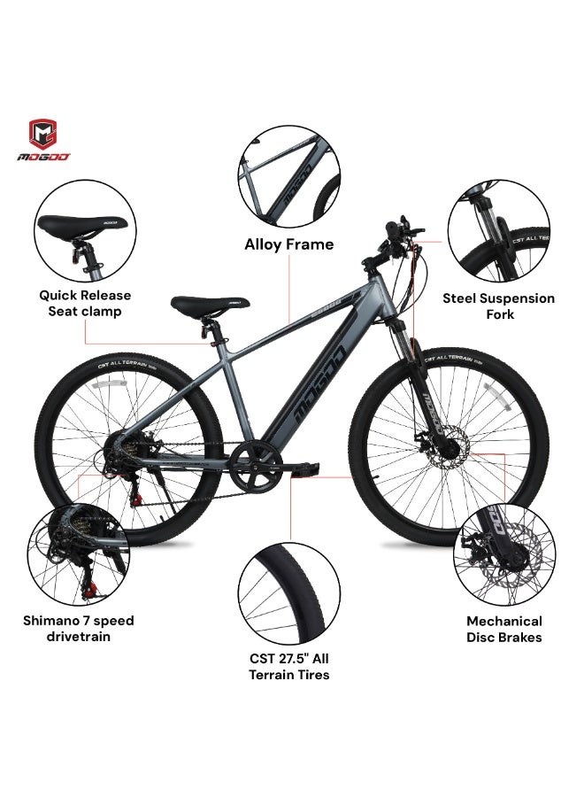 MOGOO دراجة كهربائية جبلية موغو 27.5" E6000 – محرك 36V 350W، بطارية ليشن 10.4Ah، نظام شيمانو 7 سرعات M315، فرامل قرصية مزدوجة 160mm، مساعدة دواسة 5 مستويات – دراجة كهربائية جبلية للبالغين - رمادي - Image 3