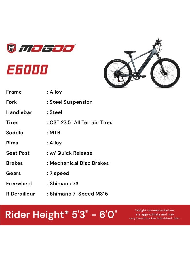 MOGOO دراجة كهربائية جبلية موغو 27.5" E6000 – محرك 36V 350W، بطارية ليشن 10.4Ah، نظام شيمانو 7 سرعات M315، فرامل قرصية مزدوجة 160mm، مساعدة دواسة 5 مستويات – دراجة كهربائية جبلية للبالغين - رمادي - Image 5