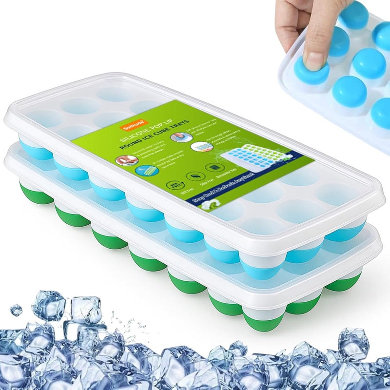 Solitude 4 Pcs Silicone Round Pop Up Ice Cube Mold Trays with 84 Cavities and Lid for Freezer with Easy Release Flexible Silicone Bottom, Stackable Whiskey Bar Ice Cube Moulds (Multicolor, Pack of 4) - Image 1