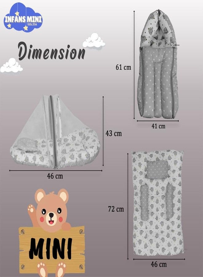 Infans Mini New Born Baby Bedding Set Premium Cotton|Baby Carry Bed|Mosquito Net Bed|Baby Sleeping Bed for 0-4 Months Babies(Mini)|Unisex 3 Pcs Portable Bedding Set |(Elephant Grey) - Image 4