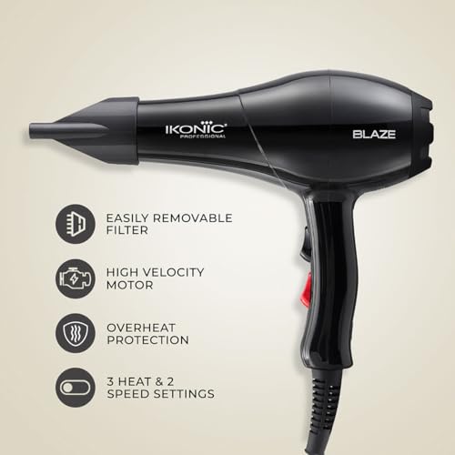 IKONIC Blaze Hair Dryer 1800 Watts-2000 Watts 3 Heat And 2 Speed Setting Combination Powerful AC Motor Comes With 2 Interchangeable Nozzles, For All Hair Types, Black - Image 2
