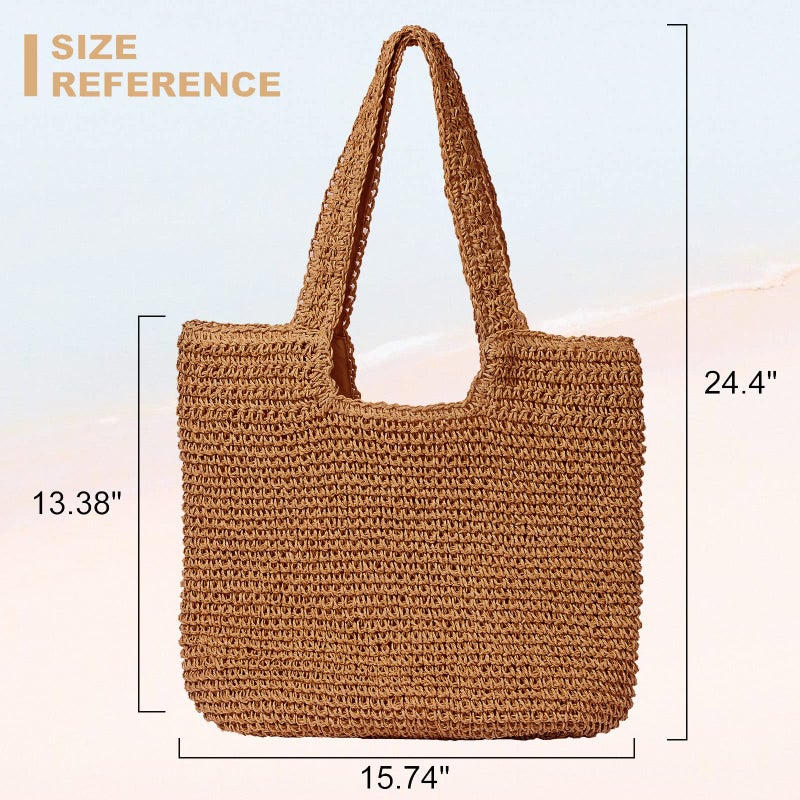 GOLDTIMO Beach Bags for Women - Summer Soft Large Woven Shoulder Purse Handbag, Beach Tote Straw Bag for Summer Vacation, Brown - Image 4