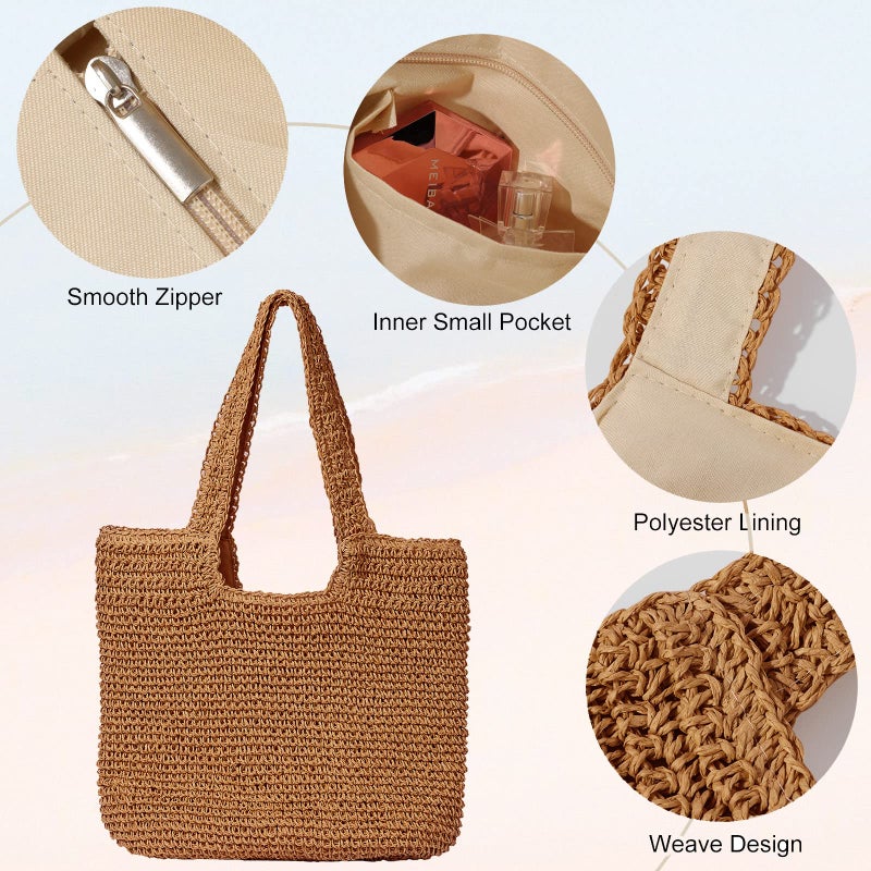 GOLDTIMO Beach Bags for Women - Summer Soft Large Woven Shoulder Purse Handbag, Beach Tote Straw Bag for Summer Vacation, Brown - Image 5