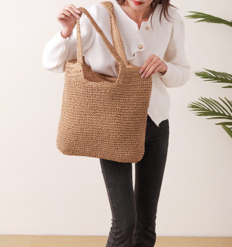 GOLDTIMO Beach Bags for Women - Summer Soft Large Woven Shoulder Purse Handbag, Beach Tote Straw Bag for Summer Vacation, Brown - Image 3