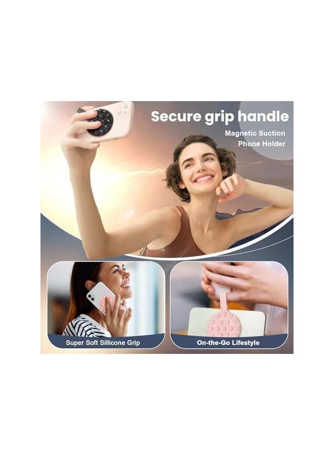 Green Tiger Magnetic Suction Cup, 2 Pcs Silicone Suction Phone Case Stand for Shower Wall Cell Phone Videos Selfies Creator Sharer, for TikTok Videos and Selfies, with Magnetic Patch, Pink and Black - Image 2