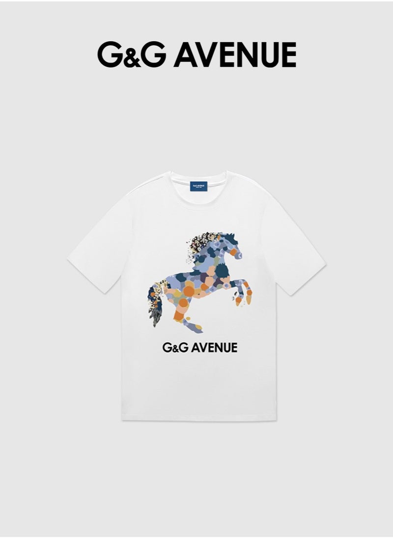 G&G AVENUE - Heavy cotton fabric Summer pure cotton short sleeved unisex T-shirt, Oversized and fashionable couple, colored horse bottomed shirt - Image 1