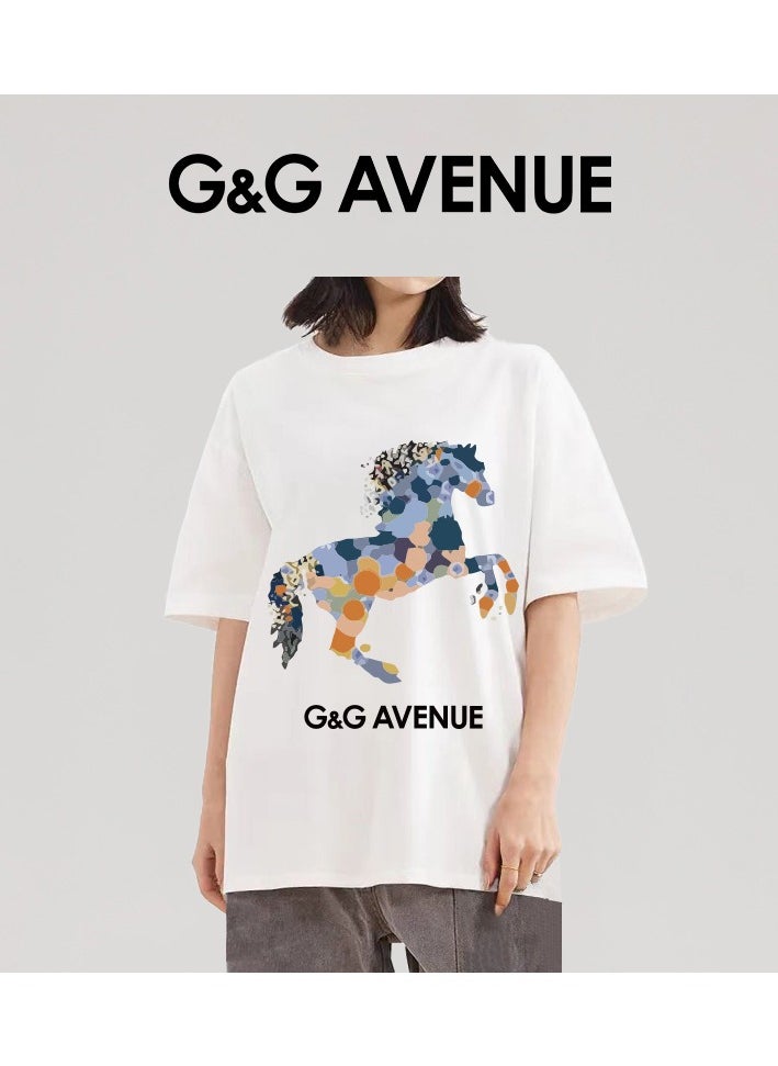 G&G AVENUE - Heavy cotton fabric Summer pure cotton short sleeved unisex T-shirt, Oversized and fashionable couple, colored horse bottomed shirt - Image 1