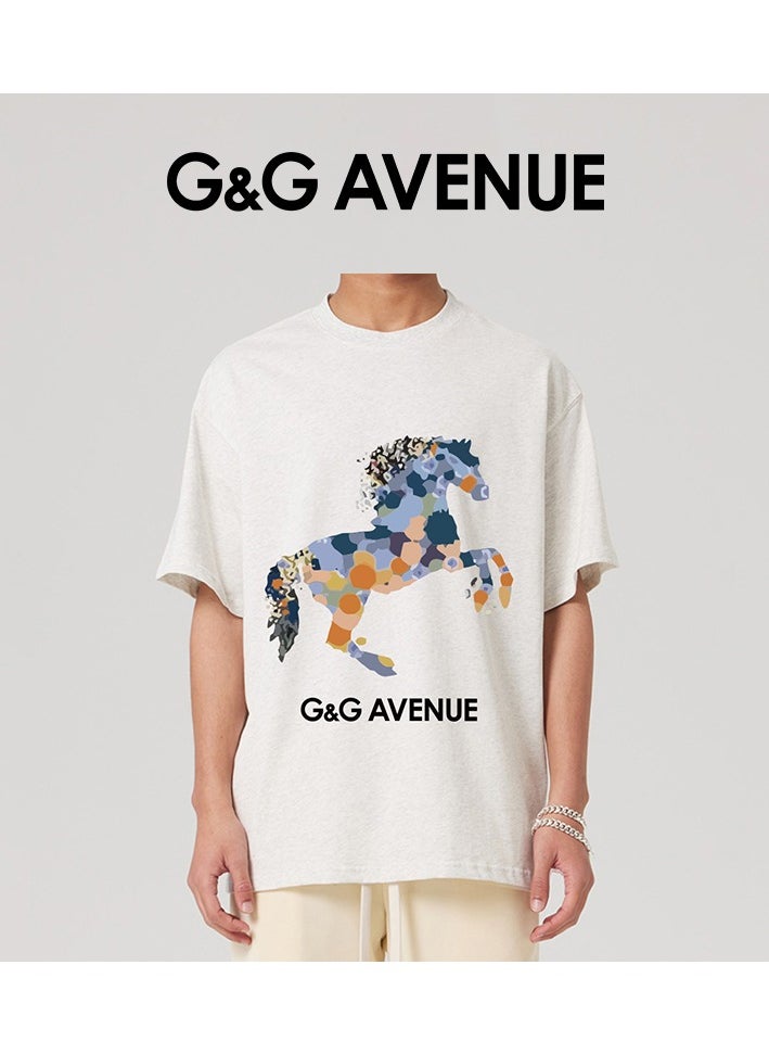 G&G AVENUE - Heavy cotton fabric Summer pure cotton short sleeved unisex T-shirt, Oversized and fashionable couple, colored horse bottomed shirt - Image 1