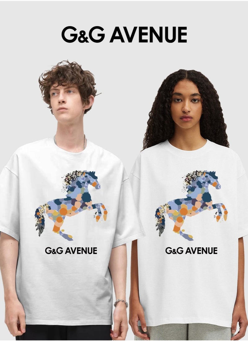 G&G AVENUE - Heavy cotton fabric Summer pure cotton short sleeved unisex T-shirt, Oversized and fashionable couple, colored horse bottomed shirt - Image 1
