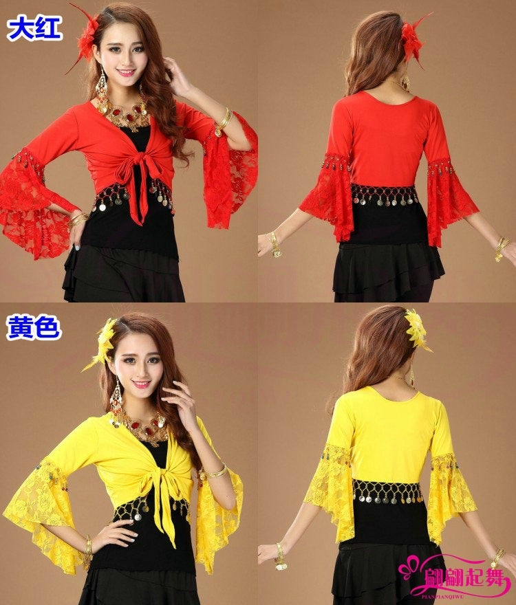 Belly Dance Table Costume Dance Costume New Square Dance Shawl Lace Trumpet Long Sleeve Practice Clothes Top - Image 3