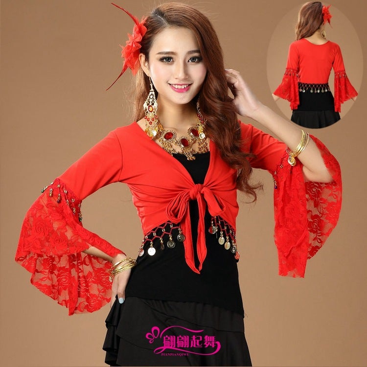 Belly Dance Table Costume Dance Costume New Square Dance Shawl Lace Trumpet Long Sleeve Practice Clothes Top - Image 2