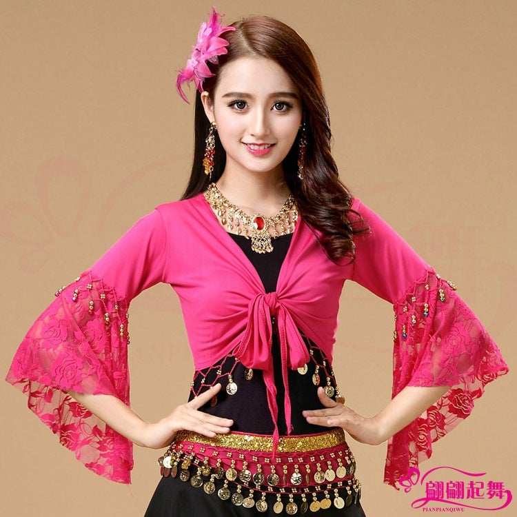Belly Dance Table Costume Dance Costume New Square Dance Shawl Lace Trumpet Long Sleeve Practice Clothes Top - Image 1
