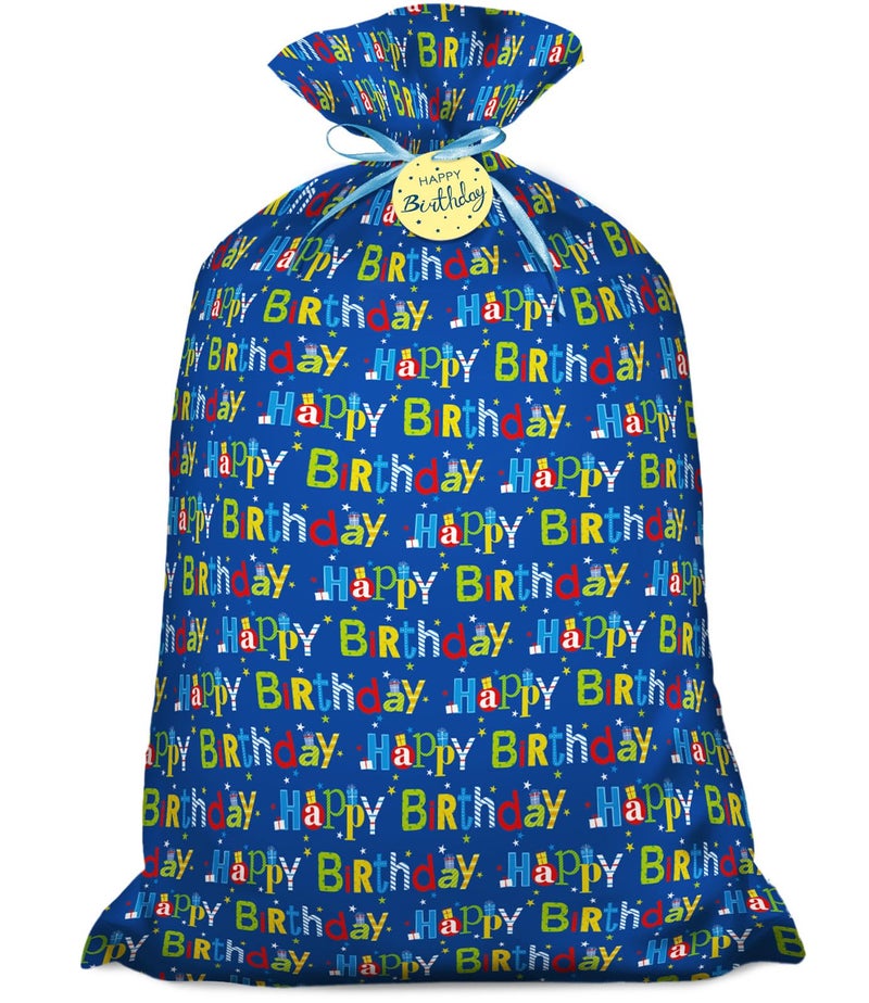 Laidans 56" Extra Large Blue Plastic Gift Bag, Jumbo Happy Birthday Gift Bag with Tag and Tie for Boy Kids Birthdays Parties or Holiday - Image 1