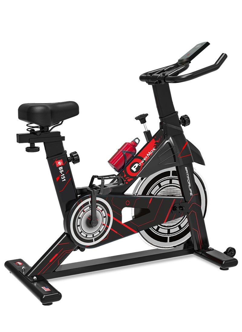 باورماكس فيتنيس دراجة التمرين PowerMax Fitness BS-151 Spin Bike مع دولاب الموازنة 10 كجم، أقصى وزن للمستخدم 130 كجم لتمرين maxpro المنزلي، مقعد قابل للتعديل في اتجاهين، مقبض فرامل، حامل iPhone، ضمان الشركة المصنعة لمدة عام واحد.  - Image 1