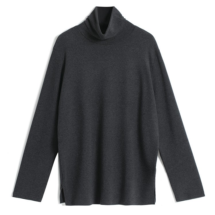 Oversized Fit·Stacked Collar With Side Slits·Super Soft Double-Sided Fleece Loose Turtleneck Long-Sleeve T-Shirt - Image 1