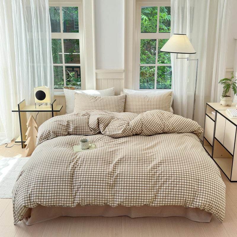LifeTB Tan Plaid Gingham Duvet Cover King 3 Pieces Checkered Grid Duvet Cover 100% Washed Cotton Beige Plaid Comforter Cover with Zipper Closure 2 Pillowcases Luxury Soft Gingham Bedding Set Breathable - Image 2