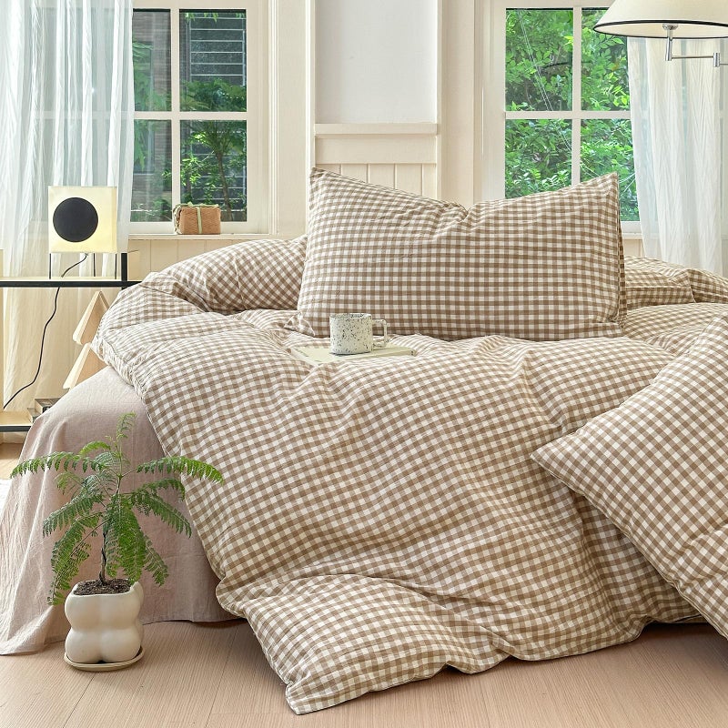 LifeTB Tan Plaid Gingham Duvet Cover King 3 Pieces Checkered Grid Duvet Cover 100% Washed Cotton Beige Plaid Comforter Cover with Zipper Closure 2 Pillowcases Luxury Soft Gingham Bedding Set Breathable - Image 4