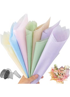 Aikanbo 36 Sheets 45x60cm Cotton Wrapping Flower Lining Paper，Style Of Waterproof Floral Bouquet Lining Paper Withdrawable Pleated Wrapping Paper Gift Packaging Paper(6 Colors, 6 Sheets of Each Color，Bouquet Ribbon Included)  - Image 1