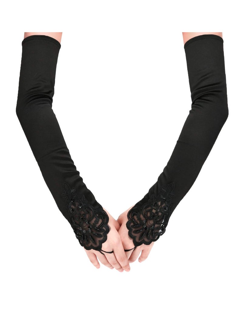 Party Gloves, Fingerless Long Gloves, Elegant Pierced Elbow Length Satin Gloves, Black Satin Opera Gloves, 1920s Gloves Evening Party Dance Gloves, Formal Bridal Banquet Tea Party Wedding for Women - Image 1