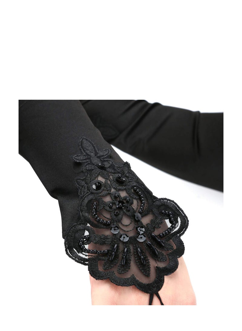 Party Gloves, Fingerless Long Gloves, Elegant Pierced Elbow Length Satin Gloves, Black Satin Opera Gloves, 1920s Gloves Evening Party Dance Gloves, Formal Bridal Banquet Tea Party Wedding for Women - Image 5