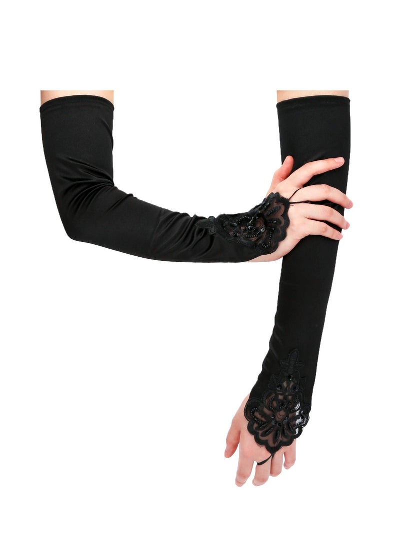 Party Gloves, Fingerless Long Gloves, Elegant Pierced Elbow Length Satin Gloves, Black Satin Opera Gloves, 1920s Gloves Evening Party Dance Gloves, Formal Bridal Banquet Tea Party Wedding for Women - Image 4