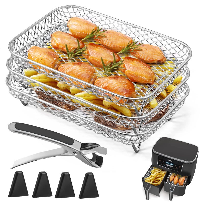 Kannino Ninja Dual Air Fryer Rack  3pcs Layered Dehydrator Racks with Stainless Steel Grilling Rack and Rectangle Air Fryer Basket Tray with Clip and Heighten Feet Pad