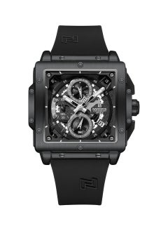 Luxury Black Square Chronograph Watch for Men with Silicone Strap and Multi-Function Dial