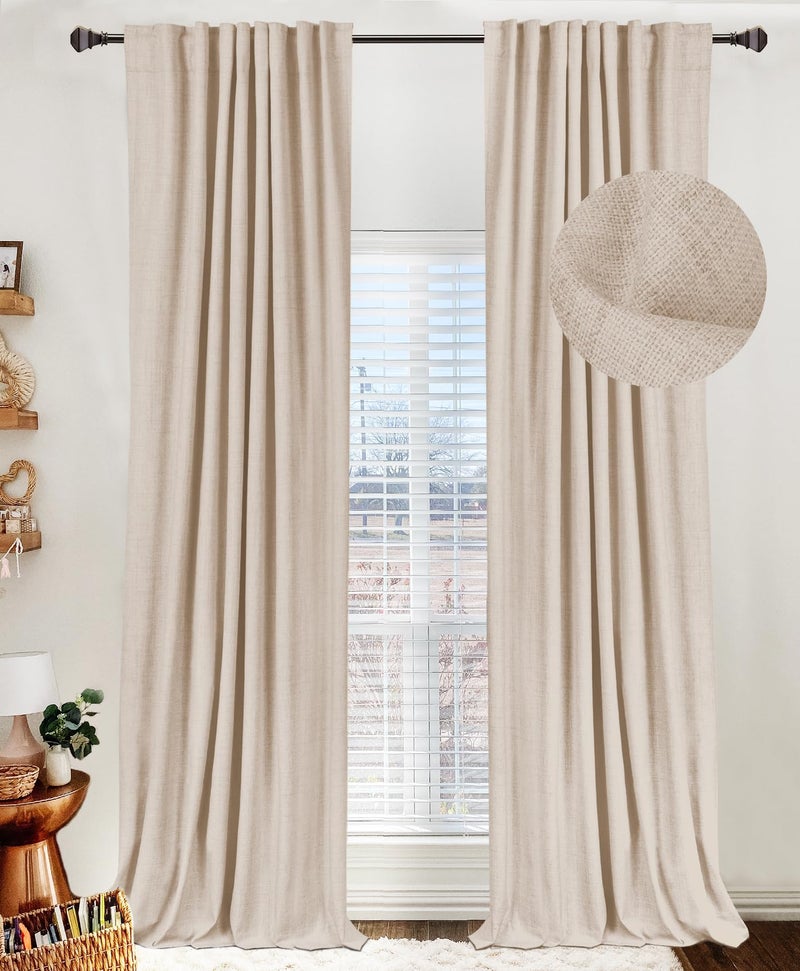 100% Blackout Shield Linen Blackout Curtains 120 Inches Long Back Tab/Rod Pocket Living Room Drapes Thermal Insulated Textured Blackout Curtains 2 Panels Set 50"" W x 120"" L Oatmeal - Image 1