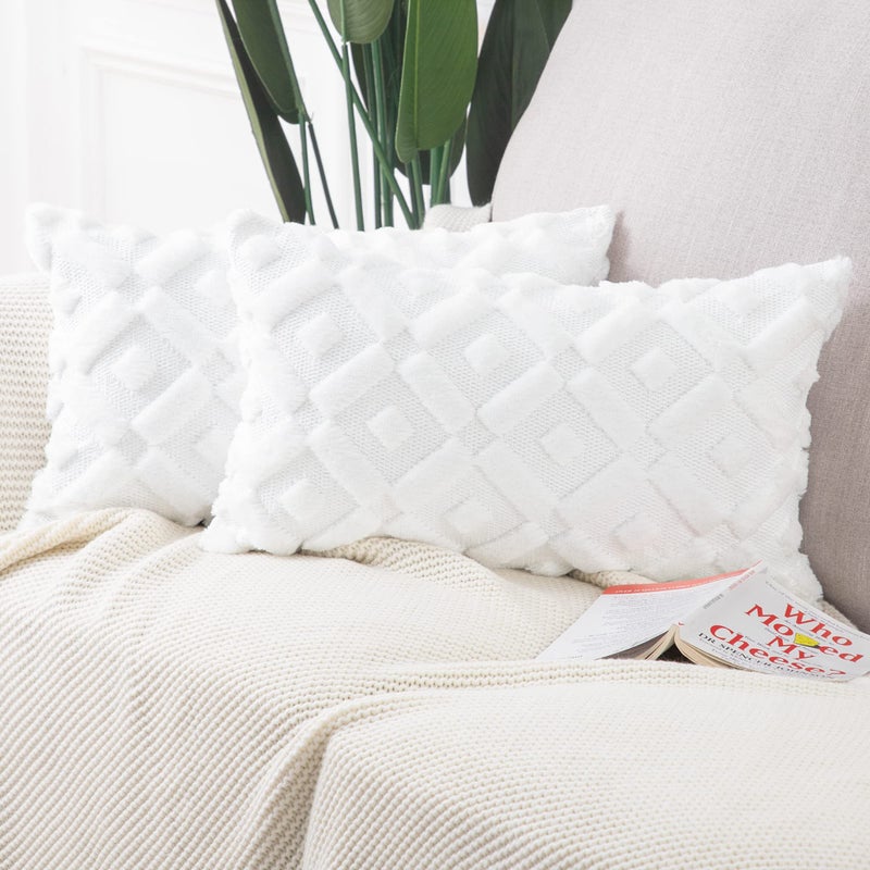 MADIZZ Set of 2 White Plush Short Wool Throw Pillow Covers 12x20 Inch Rectangular Super Soft Cozy Decorative Velvet Cushion Cover for Sofa Bedroom Livingroom Pillow Shell