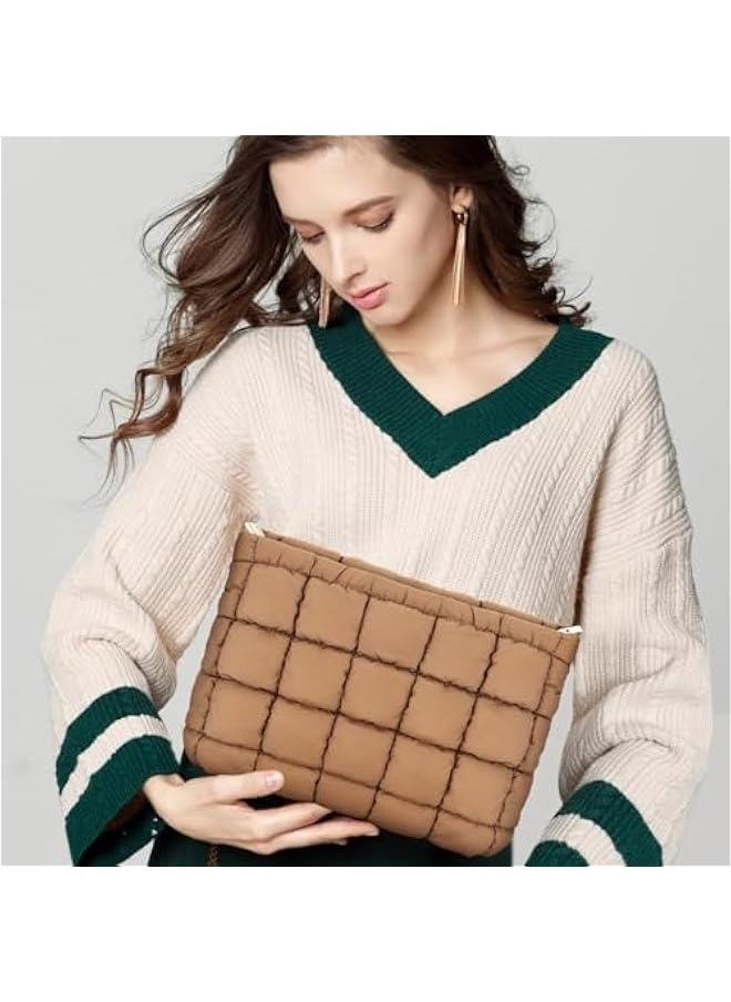 Generic - Puffy Quilted Makeup Bag Cotton Small Brown Travel Cosmetic Bag Cute Puffer Toiletry Bag Portable Zipper Makeup Pouch Coquette Aesthetic Makeup Brush Storage Organizer for Women Girls - Image 1