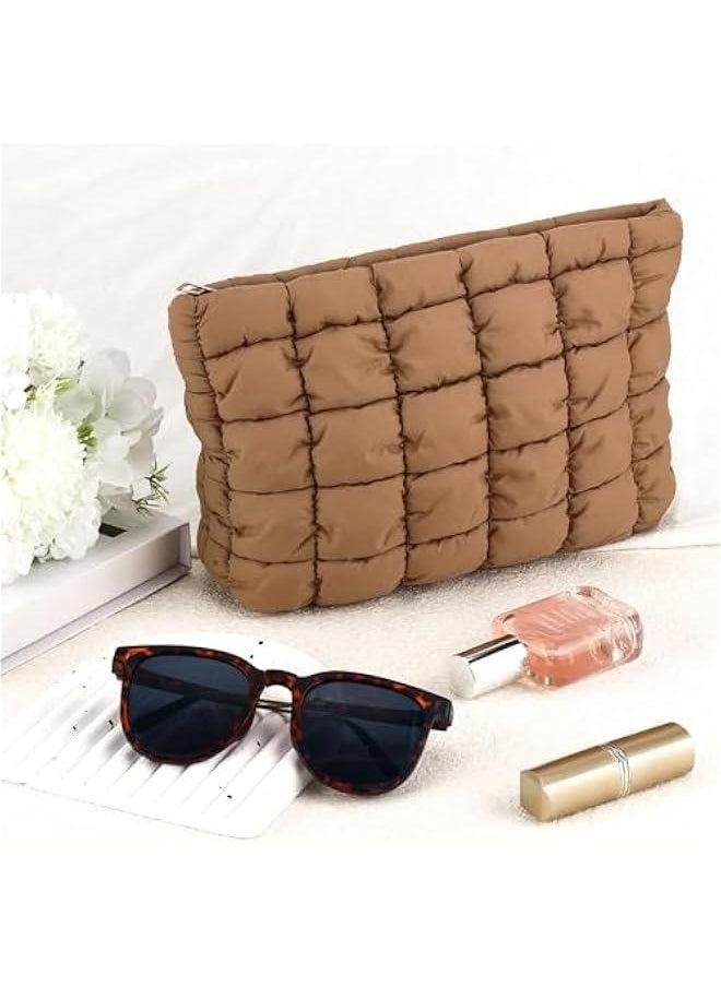 Generic - Puffy Quilted Makeup Bag Cotton Small Brown Travel Cosmetic Bag Cute Puffer Toiletry Bag Portable Zipper Makeup Pouch Coquette Aesthetic Makeup Brush Storage Organizer for Women Girls - Image 1