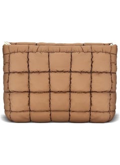 Puffy Quilted Makeup Bag Cotton Small Brown Travel Cosmetic Bag Cute Puffer Toiletry Bag Portable Zipper Makeup Pouch Coquette Aesthetic Makeup Brush Storage Organizer for Women Girls