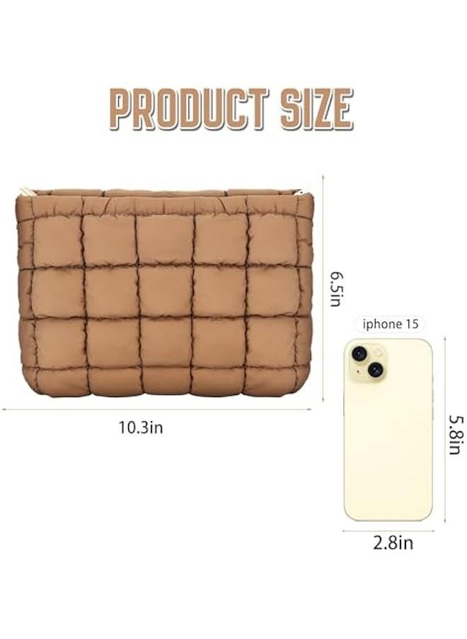 Generic - Puffy Quilted Makeup Bag Cotton Small Brown Travel Cosmetic Bag Cute Puffer Toiletry Bag Portable Zipper Makeup Pouch Coquette Aesthetic Makeup Brush Storage Organizer for Women Girls - Image 1