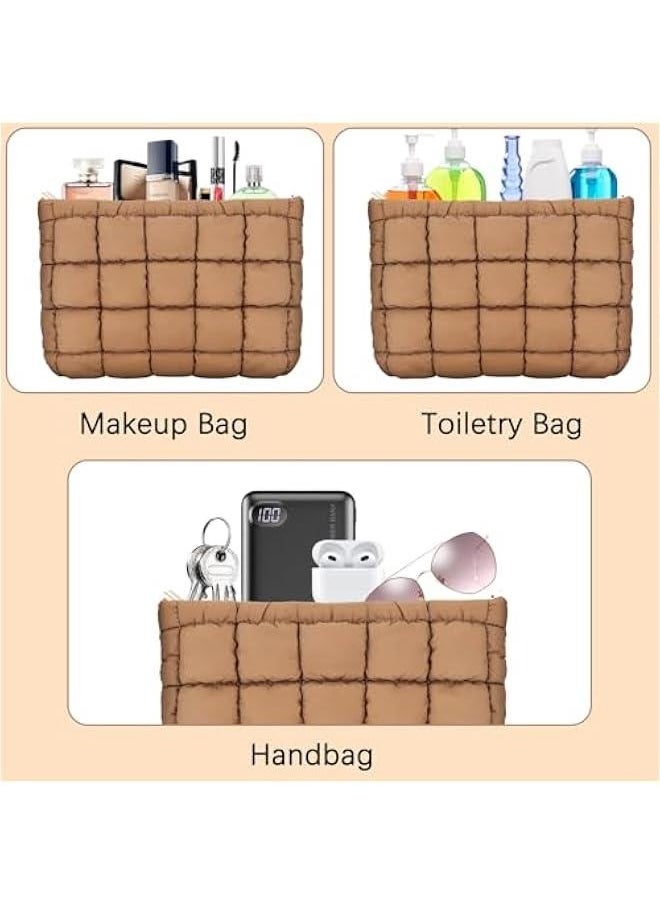 Generic - Puffy Quilted Makeup Bag Cotton Small Brown Travel Cosmetic Bag Cute Puffer Toiletry Bag Portable Zipper Makeup Pouch Coquette Aesthetic Makeup Brush Storage Organizer for Women Girls - Image 1