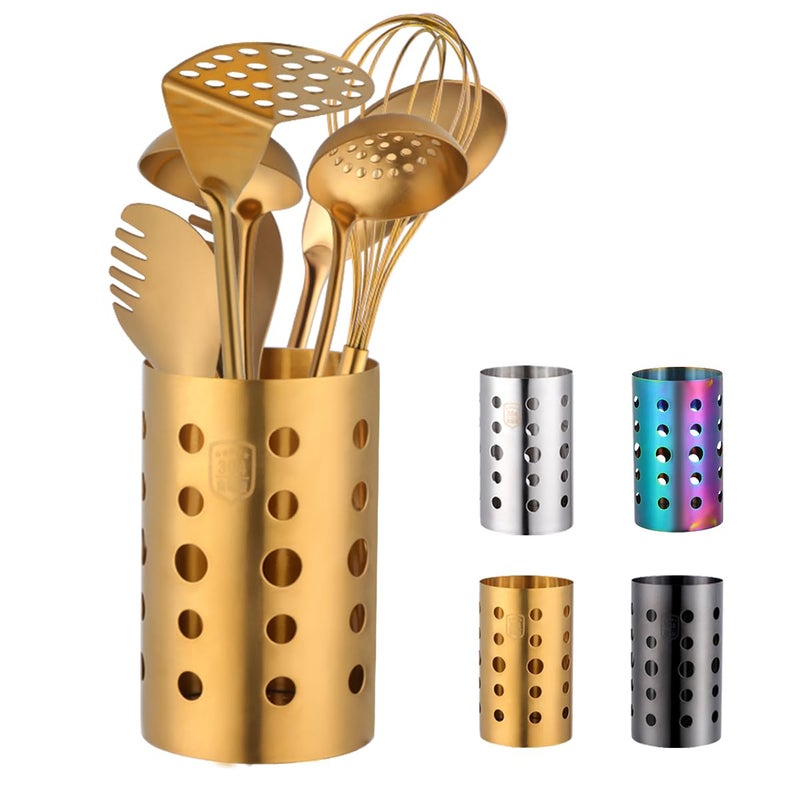QRU Kitchen Utensil Holder for Countertop H67 x W41 Stainless Steel Cooking Utensil Caddy for Tools Spatulas Spoons Silverware More Cooking Utensil Organizer Kitchen Decor Gold - Image 2