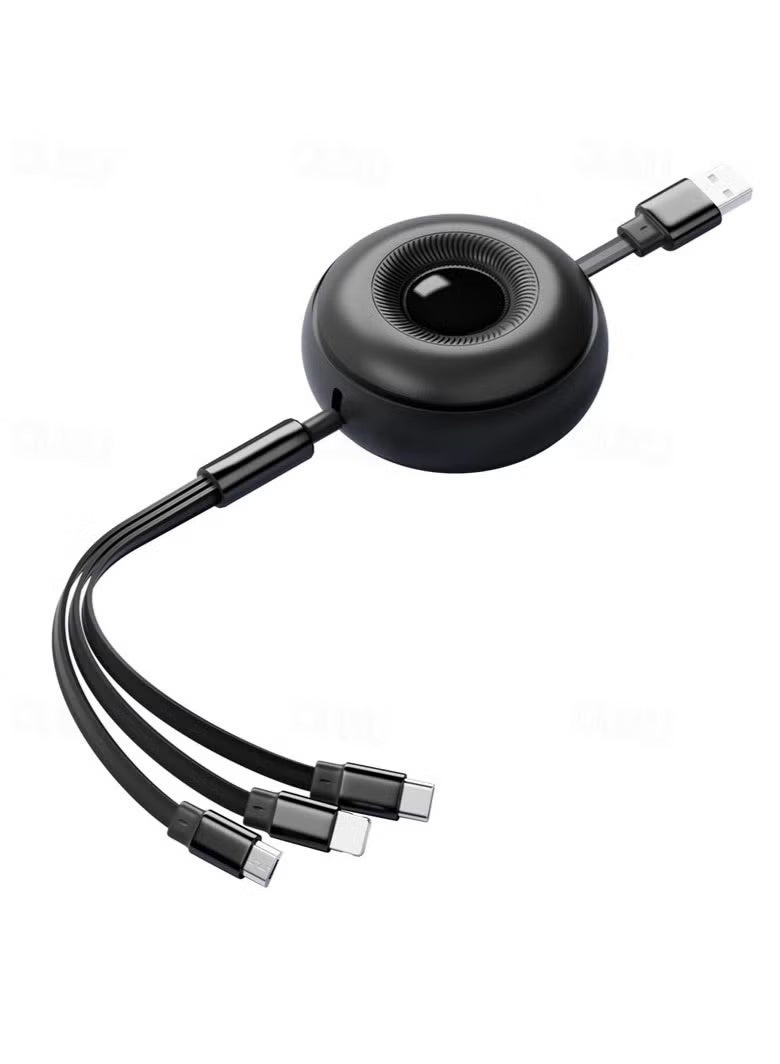 ATA Super Fast Charging 66W 3-in-1 Retractable Data Cable – USB to Micro, Lightning & Type-C (Round Model, Black) - Image 4