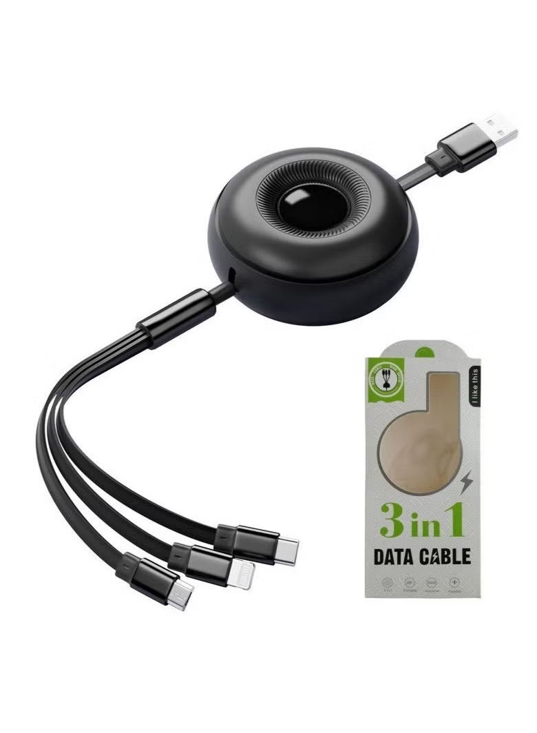ATA Super Fast Charging 66W 3-in-1 Retractable Data Cable – USB to Micro, Lightning & Type-C (Round Model, Black) - Image 3