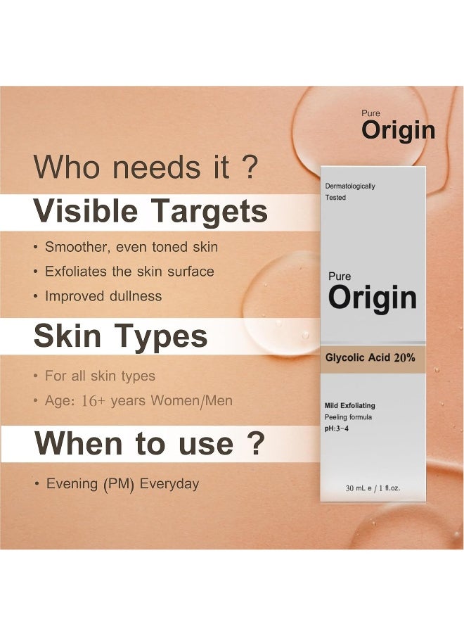 Pure Original Glycolic Acid 20% Face Serum | Exfoliates & Renews The Skin | Recommended For Brighter Even Tone Skin | Eco-Friendly | Clinically Validated Serum | 30Ml  - Image 3