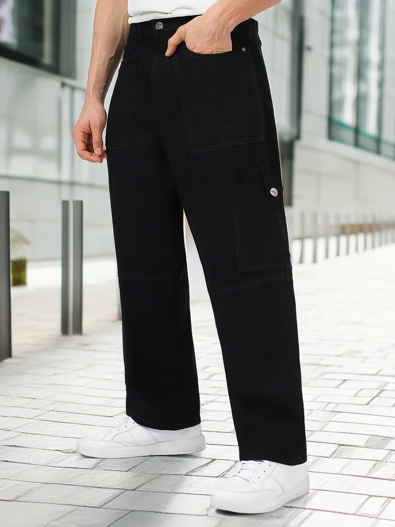 أوربانو فاشن Urbano Fashion Men's Black Loose Baggy Fit Washed Cargo Jeans with 6 Pockets Non-Stretchable