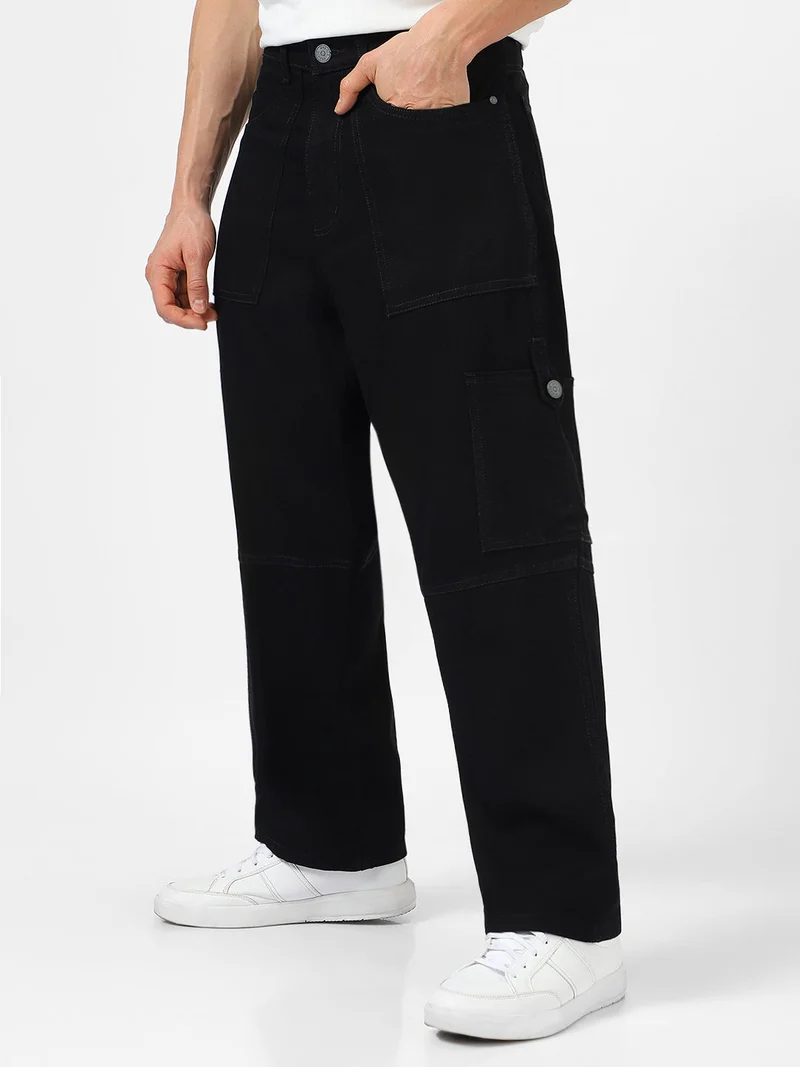 أوربانو فاشن Urbano Fashion Men's Black Loose Baggy Fit Washed Cargo Jeans with 6 Pockets Non-Stretchable