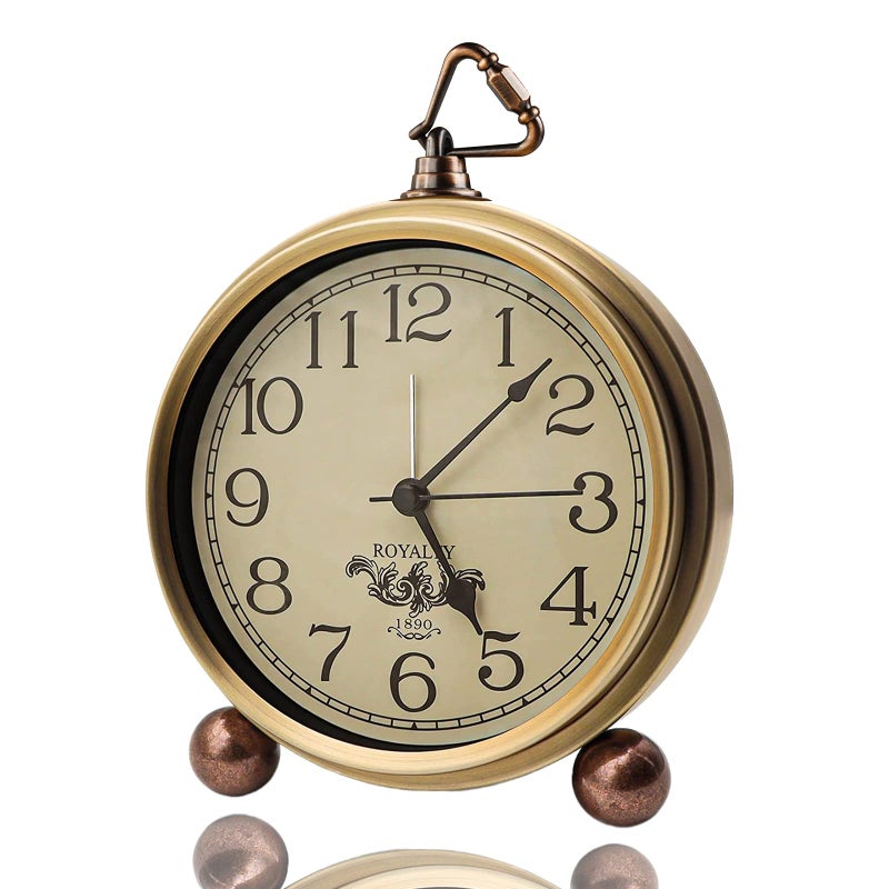 Justup Golden Table Clock Retro Vintage NonTicking Table Desk Alarm Clock Battery Operated Silent Quartz Movement HD Glass for Bedroom Living Room Indoor Decoration Arabic