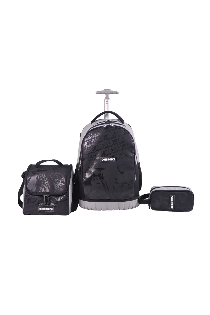 مون MOON Licensed One Piece 3 in 1 Kids Trolley Set   - (18-Inch) Premium Kids School Bag with Lunch Bag & Pencil Case-Black& Grey